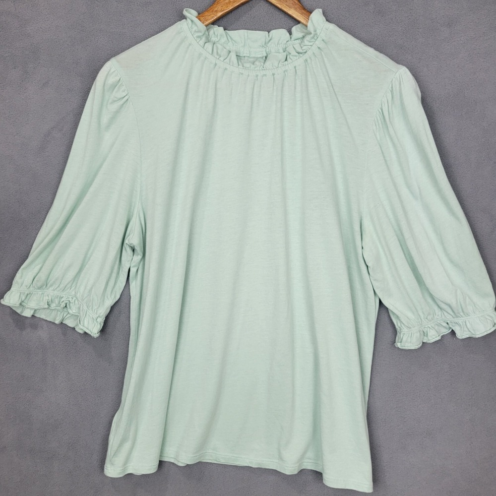 Loft Outlet Blouse Women's Large Green Cotton Ruffle Crew‎ Neck Pullover Boho